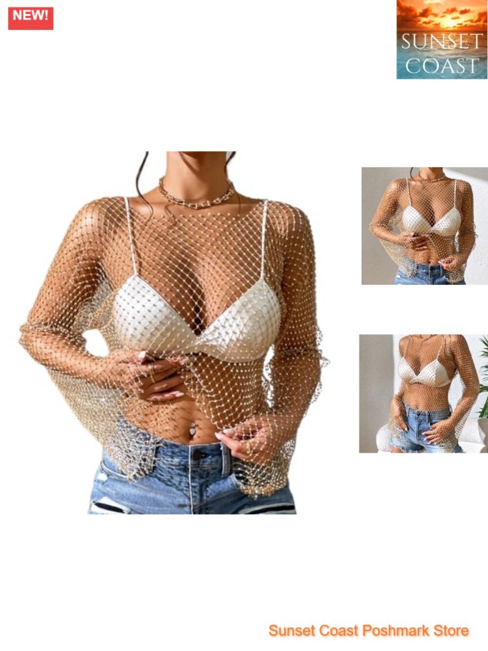 Women's Rhinestone Crop Top Long Sleeve Fishnet Mesh Sheer Rave Shirt